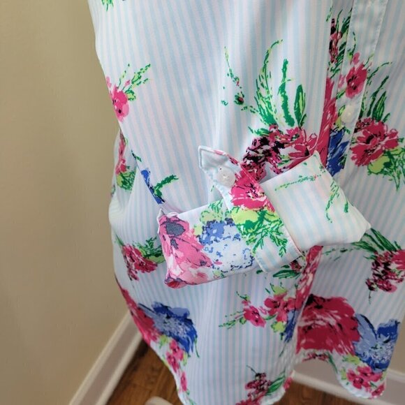 Chico’s Striped Floral Print Blouse Roll Tab Sleeve Pink Blue Women’s Size L - Picture 9 of 13